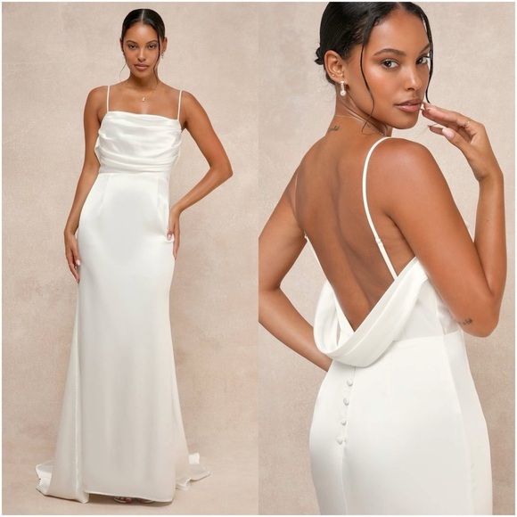 LULU'S Lovely Endearment White Satin Sleeveless Backless Maxi Dress